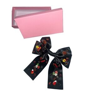 Halloween Black Satin Hair Bow Barrette Enameled Charms Rhinestones Spooky Decor